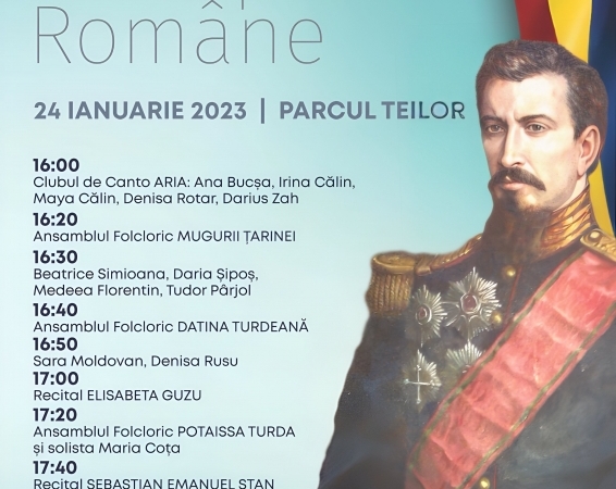 Primăria Turda - Vă invităm să sărbătorim împreună ziua de 24 ianuarie 2023, începând cu ora 16:00, în Parcul Teilor pentru a marca Unirea Principatelor Române