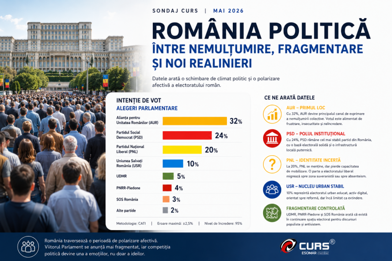 Sondajul CURS din mai 2026 indică o schimbare de climat politic. AUR conduce, PSD rămâne principalul pol instituțional, iar electoratul intră într-o fază de fragmentare controlată