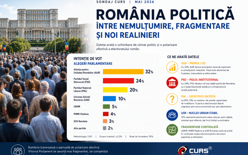 Sondajul CURS din mai 2026 indică o schimbare de climat politic. AUR conduce, PSD rămâne principalul pol instituțional, iar electoratul intră într-o fază de fragmentare controlată
